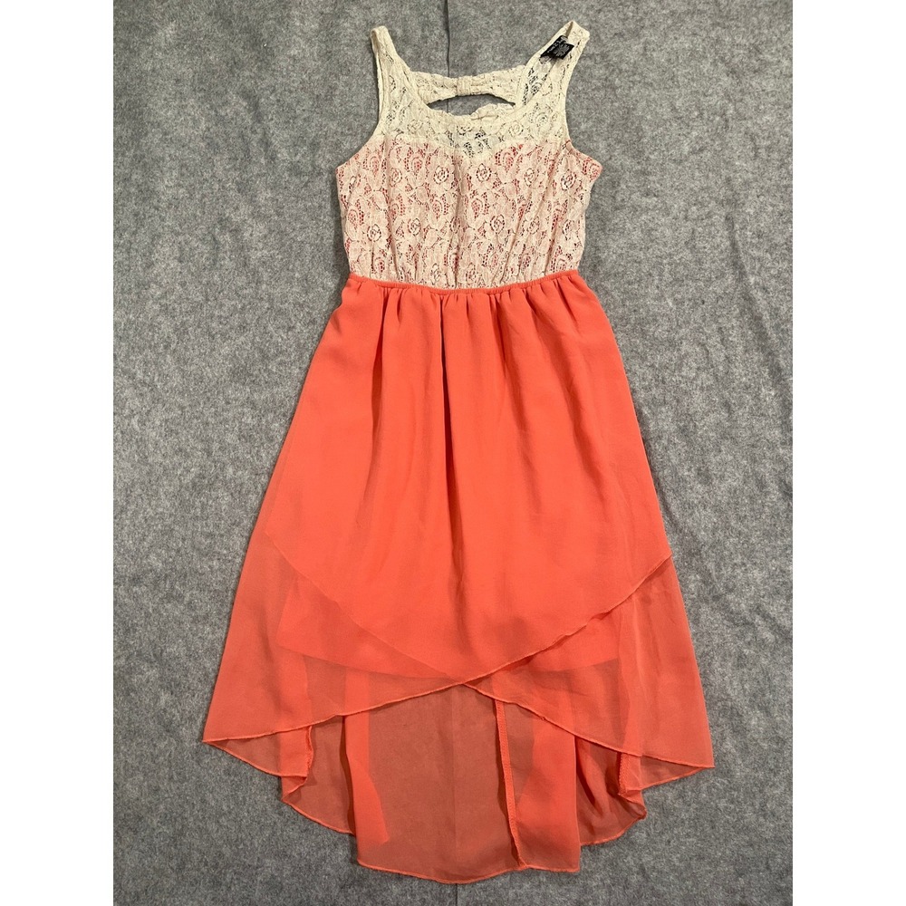Rue21 Womens Lace Bodice High Low Dress Coral Cream Bow Back Sleeveless Medium
